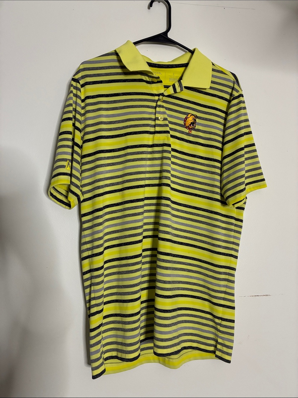 Antigua Ferris State University Men's Neon Yellow and Gray Striped Polo